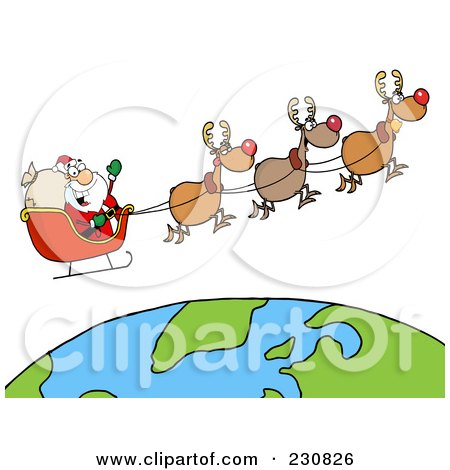 Royalty-Free (RF) Clipart Illustration of Santa Waving And Flying Above Earth by Hit Toon