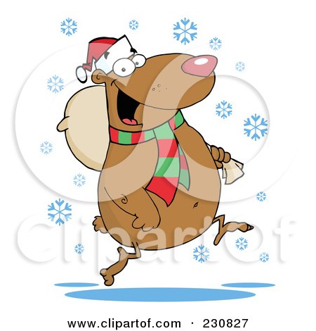 Royalty-Free (RF) Clipart Illustration of a Happy Christmas Bear Running In The Snow With A Bag by Hit Toon