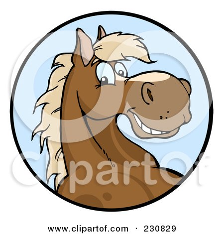 Royalty-Free (RF) Clipart Illustration of a Happy Horse Face Over A Blue Circle by Hit Toon