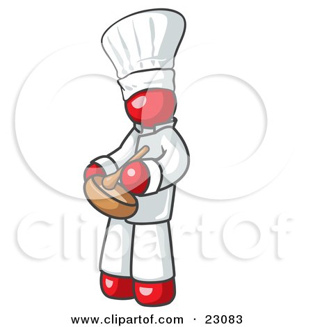 Clipart Illustration of a Red Baker Chef Cook in Uniform and Chef's Hat, Stirring Ingredients in a Bowl by Leo Blanchette