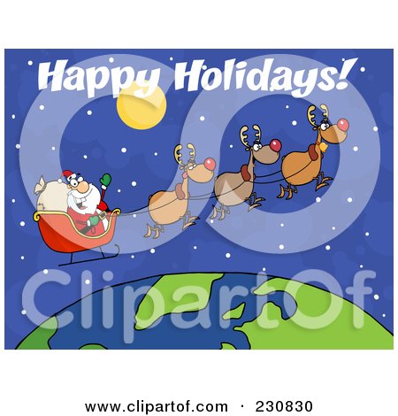 Royalty-Free (RF) Clipart Illustration of Happy Holidays Over Santa Waving And Flying Above Earth by Hit Toon