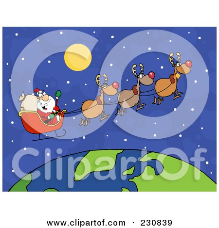 Royalty-Free (RF) Clipart Illustration of Santa Waving And Flying Over Earth by Hit Toon