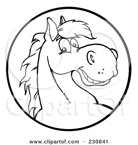 Royalty-Free (RF) Clipart Illustration of a Coloring Page Outline Of A Happy Horse Face In A Circle by Hit Toon