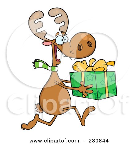 Royalty-Free (RF) Clipart Illustration of a Happy Christmas Reindeer Running With A Gift by Hit Toon