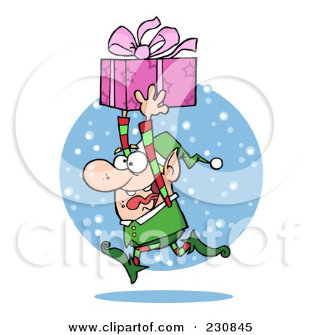 Royalty-Free (RF) Clipart Illustration of a Happy Christmas Elf Running In The Snow With A Gift by Hit Toon