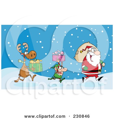 Royalty-Free (RF) Clipart Illustration of a Reindeer And Elf Carrying Christmas Presents In The Snow Behind Santa by Hit Toon