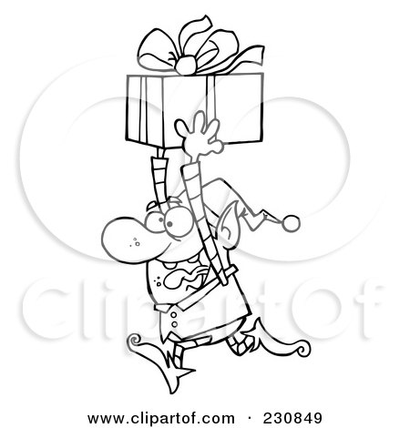 Royalty-Free (RF) Clipart Illustration of a Coloring Page Outline Of A Happy Christmas Elf Running With A Gift by Hit Toon
