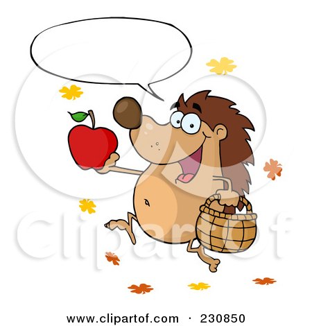 Royalty-Free (RF) Clipart Illustration of a Happy Hedgehog With An Apple, Basket And Word Balloon by Hit Toon