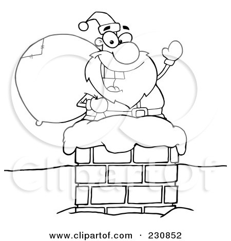 Royalty-Free (RF) Clipart Illustration of a Coloring Page Outline Of Santa In A Chimney And Waving by Hit Toon