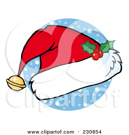 Royalty-Free (RF) Clipart Illustration of a Santa Hat With A Bell And Holly Over A Circle Of Snow by Hit Toon