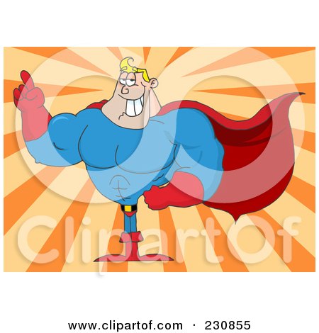 Royalty-Free (RF) Clipart Illustration of a Caucasian Super Hero Man Gesturing Over Orange Rays by Hit Toon