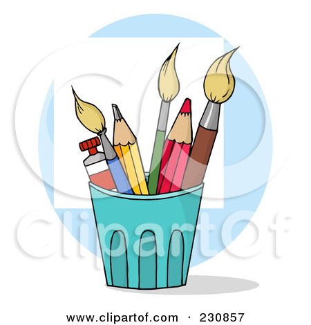 Royalty-Free (RF) Clipart Illustration of Pencils And Paintbrushes In A Cup Over A Blue Circle by Hit Toon
