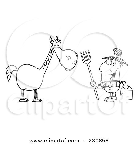 Royalty-Free (RF) Clipart Illustration of a Coloring Page Outline Of A Happy Farmer By A Horse by Hit Toon