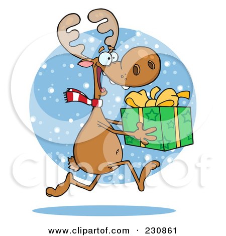 Royalty-Free (RF) Clipart Illustration of a Happy Christmas Reindeer Running In The Snow With A Gift by Hit Toon