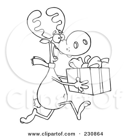 Royalty-Free (RF) Clipart Illustration of a Coloring Page Outline Of A Christmas Reindeer Running With A Gift by Hit Toon