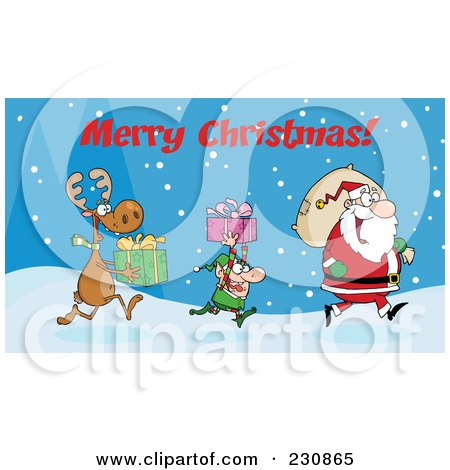 Royalty-Free (RF) Clipart Illustration of Merry Christmas Above A Reindeer And Elf Carrying Christmas Presents In The Snow Behind Santa by Hit Toon