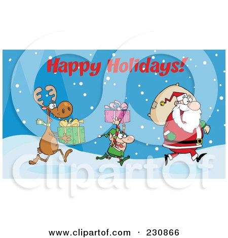 Royalty-Free (RF) Clipart Illustration of Happy Holidays Above A Reindeer And Elf Carrying Christmas Presents In The Snow Behind Santa by Hit Toon