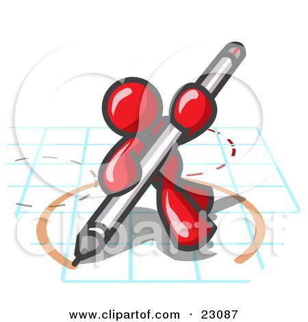 Clipart Illustration of a Red Man Holding a Pencil and Drawing a Circle on a Blueprint by Leo Blanchette
