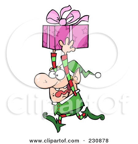 Royalty-Free (RF) Clipart Illustration of a Happy Christmas Elf Running With A Gift by Hit Toon