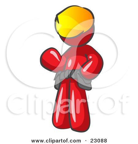 Clipart Illustration of a Friendly Red Construction Worker Or Handyman Wearing A Hardhat And Tool Belt And Waving by Leo Blanchette