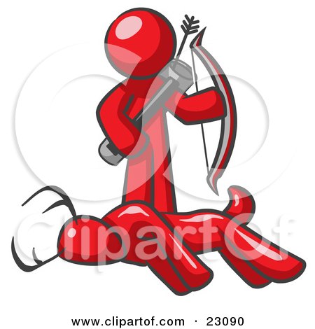 Clipart Illustration of a Red Man, A Hunter, Holding A Bow And Arrow Over A Dead Buck Deer by Leo Blanchette