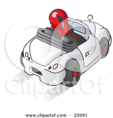 Clipart Illustration of a Red Businessman Talking on a Cell Phone While Driving in a White Convertible Car by Leo Blanchette