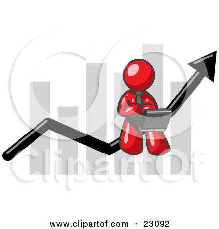 Clipart Illustration of a Red Man Conducting Business On A Laptop Computer On An Arrow Moving Upwards In Front Of A Bar Graph, Symbolizing Success by Leo Blanchette