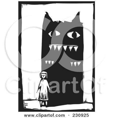 Royalty-Free (RF) Clipart Illustration of a Black And White Woodcut Styled Girl And Giant Monster by xunantunich