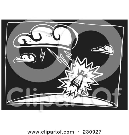 Royalty-Free (RF) Clipart Illustration of a Black And White Woodcut Styled Woman Being Struck By Lightning by xunantunich