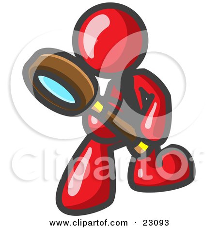 Clipart Illustration of a Red Man Bending Over to Inspect Something Through a Magnifying Glass by Leo Blanchette