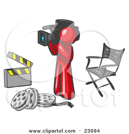 Clipart Illustration of a Red Man Filming a Movie Scene With a Video Camera in a Studio by Leo Blanchette