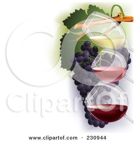 Royalty-Free (RF) Clipart Illustration of Three Glasses Of Wine Over Grapes, With Copy Space To The Left - 2 by Eugene