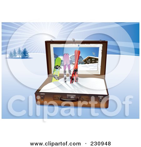 Royalty-Free (RF) Clipart Illustration of a Snowboard And Skis In A Suitcase In A Winter Landscape by Eugene