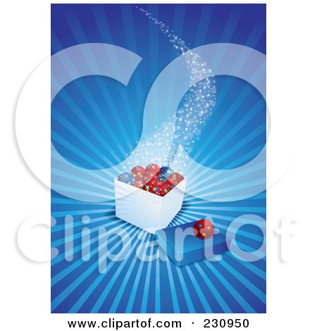 Royalty-Free (RF) Clipart Illustration of a Magical Box Of Christmas Ornaments Over Blue Rays by Eugene