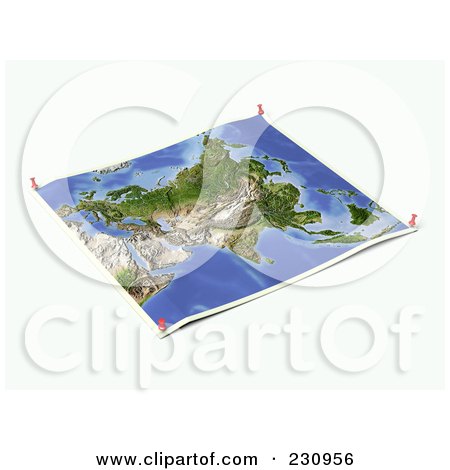 Royalty-Free (RF) Clipart Illustration of an Unfolded Map Sheet Of Asia With Thumbtacks by Michael Schmeling