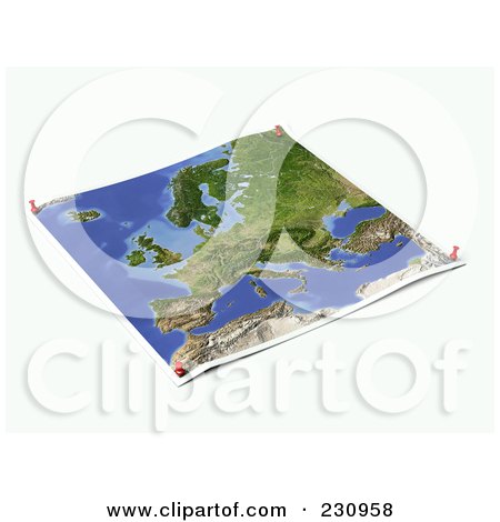 Royalty-Free (RF) Clipart Illustration of an Unfolded Map Sheet Of Europe With Thumbtacks by Michael Schmeling