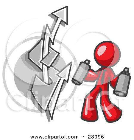 Clipart Illustration of a Red Business Man Spray Painting a Graffiti Dollar Sign on a Wall by Leo Blanchette