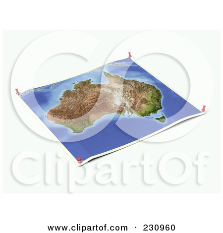 Royalty-Free (RF) Clipart Illustration of an Unfolded Map Sheet Of Australia With Thumbtacks by Michael Schmeling