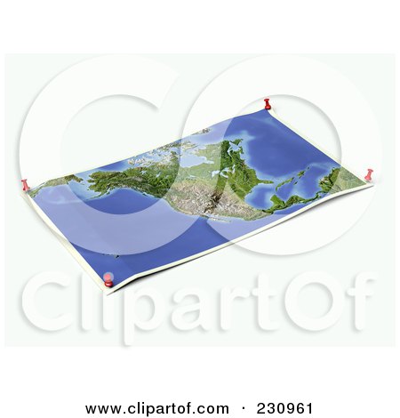 Royalty-Free (RF) Clipart Illustration of an Unfolded Map Sheet Of North America With Thumbtacks by Michael Schmeling