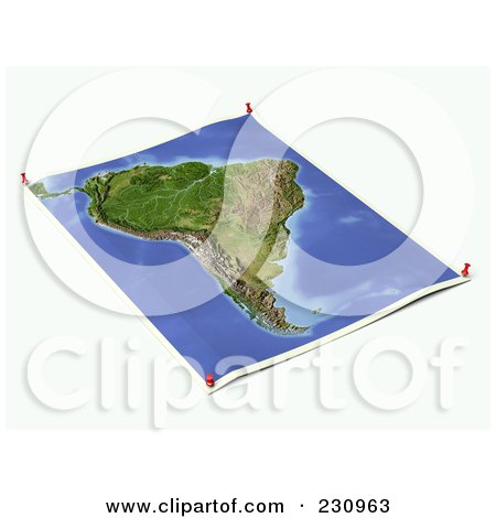 Royalty-Free (RF) Clipart Illustration of an Unfolded Map Sheet Of South America With Thumbtacks by Michael Schmeling