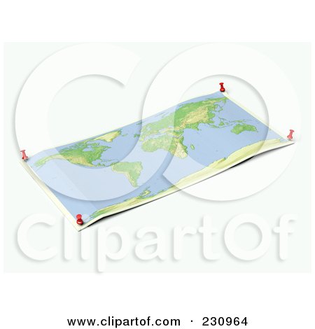 Royalty-Free (RF) Clipart Illustration of an Unfolded Wold Map Sheet With Thumbtacks by Michael Schmeling