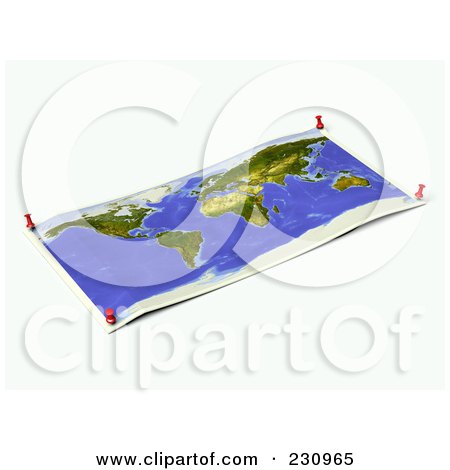 Royalty-Free (RF) Clipart Illustration of an Unfolded Map Sheet Of The World With Thumbtacks by Michael Schmeling