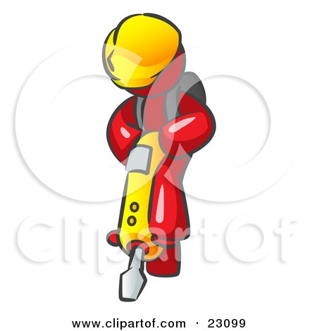 Clipart Illustration of a Red Construction Worker Man Wearing A Hardhat And Operating A Yellow Jackhammer While Doing Road Work by Leo Blanchette