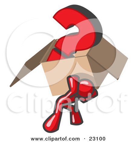 Clipart Illustration of a Red Man Carrying a Heavy Question Mark in a Box by Leo Blanchette