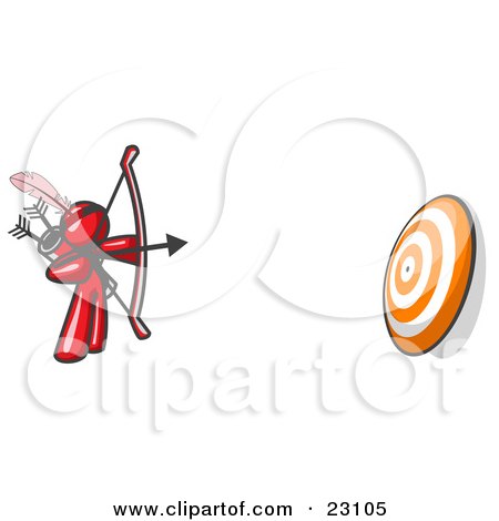 Clipart Illustration of a Red Man Aiming a Bow and Arrow at a Target During Archery Practice by Leo Blanchette
