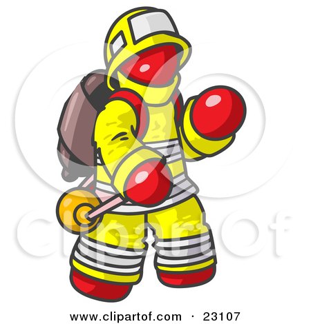 Red Fireman in a Uniform, Fighting a Fire Posters, Art Prints