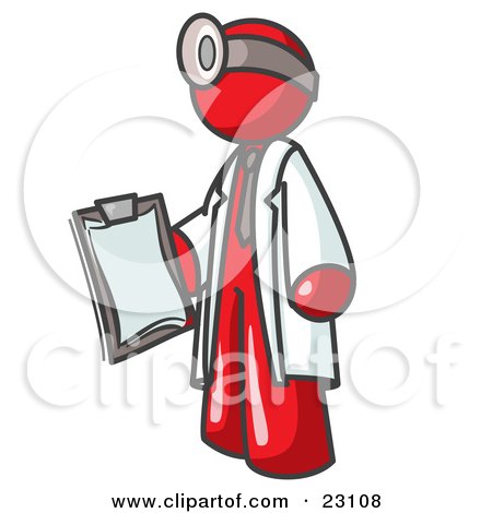 Clipart Illustration of a Red Male Doctor Holding a Clipboard And Wearing a Head Lamp by Leo Blanchette