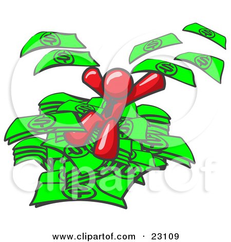 Clipart Illustration of a Red Business Man Jumping in a Pile of Money and Throwing Cash Into the Air by Leo Blanchette