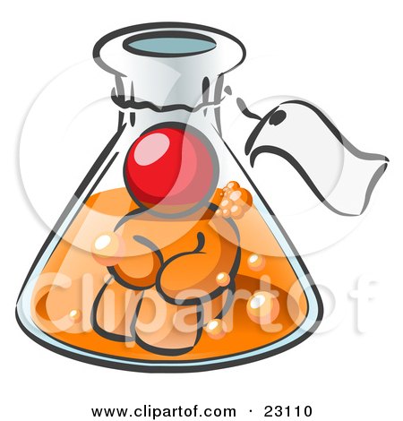 Clipart Illustration of a Red Man Trapped Inside A Bubbly Potion In A Laboratory Beaker With A Tag Around The Bottle by Leo Blanchette