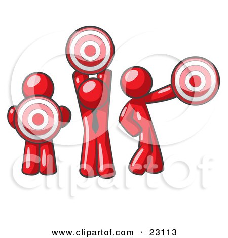 Clipart Illustration of a Group Of Three Red Men Holding Red Targets In Different Positions by Leo Blanchette